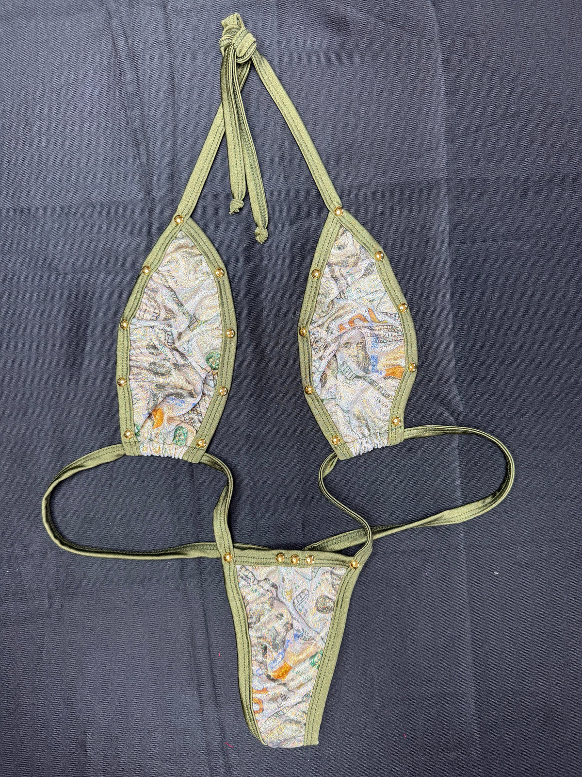 Holographic Money Print/Green Spandex One-Piece Sling-Shot Lingerie Outfit