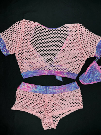Metallic Purple/Pink Spandex/Baby Pink Fishnet Two-Piece Shorts Lingerie Outfit