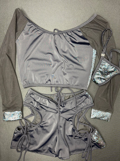 Metallic Black Spandex/Black Mesh Long Sleeve Top/Shorts Two-Piece Lingerie Outfit