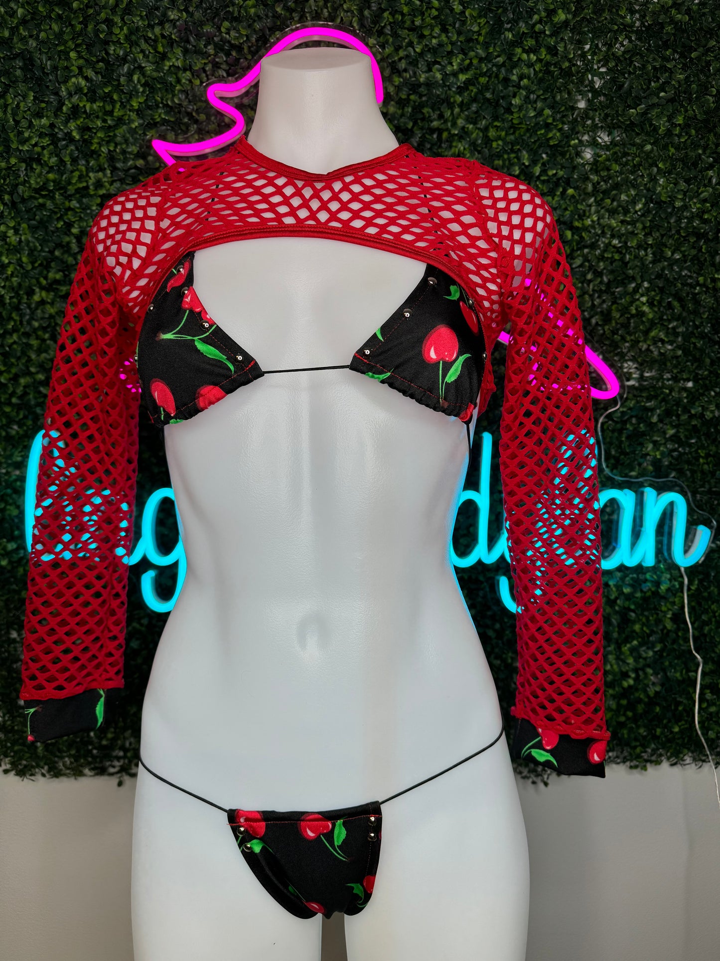 Cherry Three-Piece Bikini Exotic Dancer Outfit