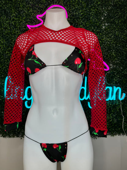 Cherry Three-Piece Bikini Exotic Dancer Outfit