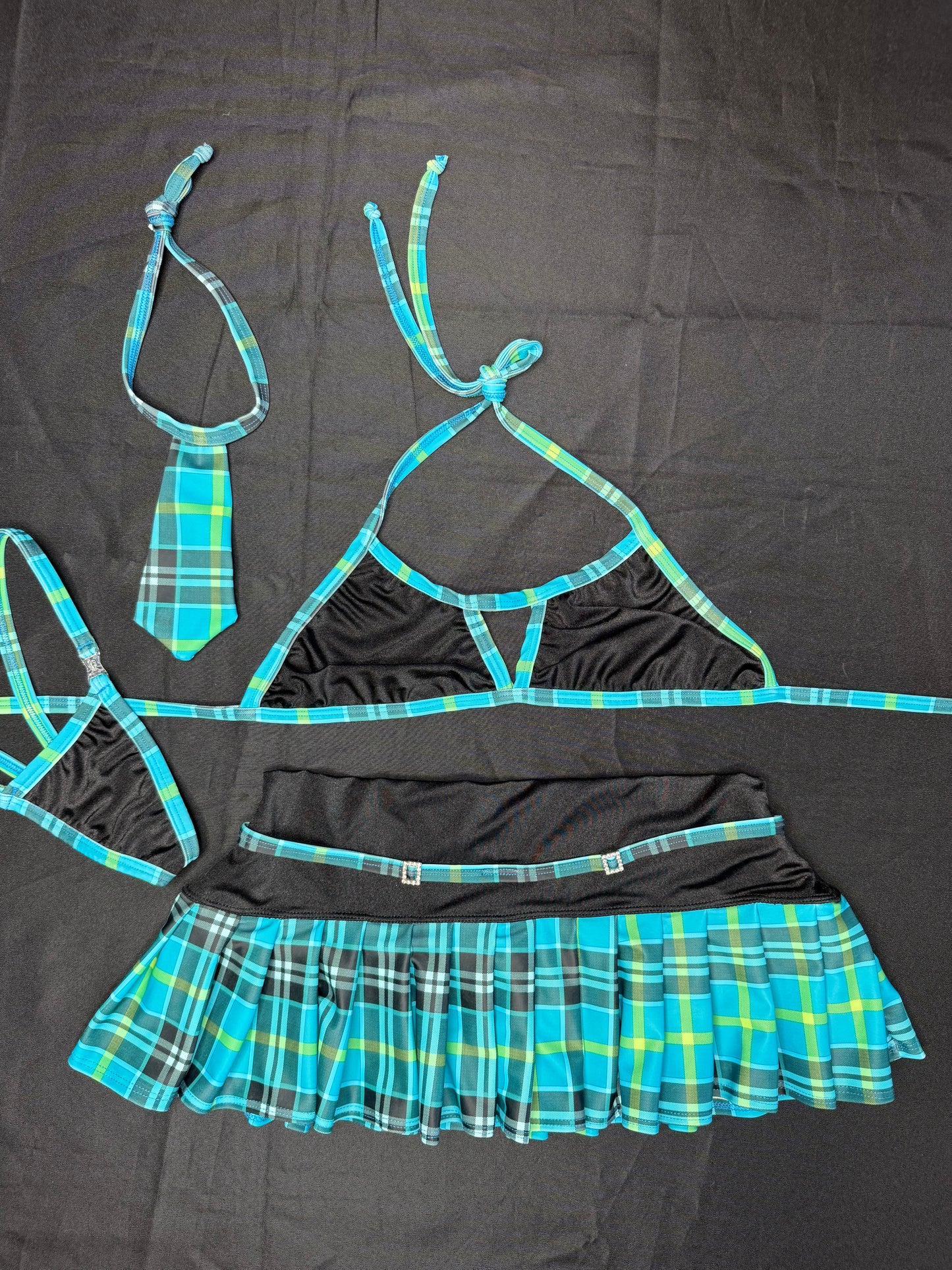 Black/Teal Plaid Bikini Top/Skirt School Girl Outfit