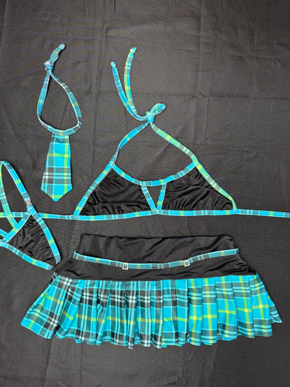 Black/Teal Plaid Bikini Top/Skirt School Girl Outfit