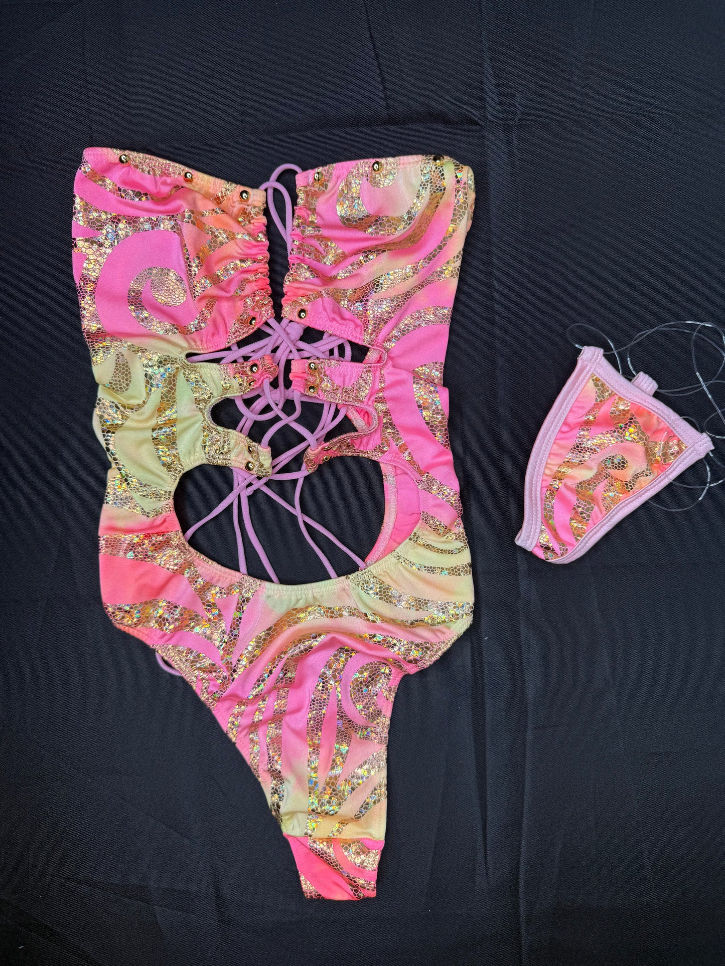 Baby Pink/Yellow Spandex One-Piece Lingerie Outfit