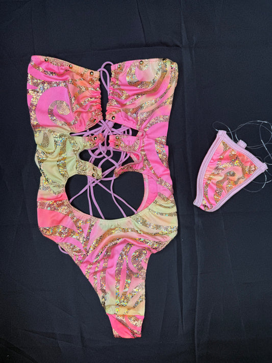 Baby Pink/Yellow Spandex One-Piece Lingerie Outfit