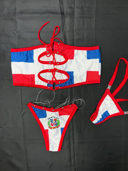 Dominican Flag Spandex Two-Piece Lingerie Outfit