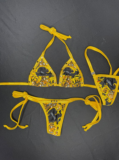 Designer/Gold Spandex Two-Piece Bikini Lingerie Outfit