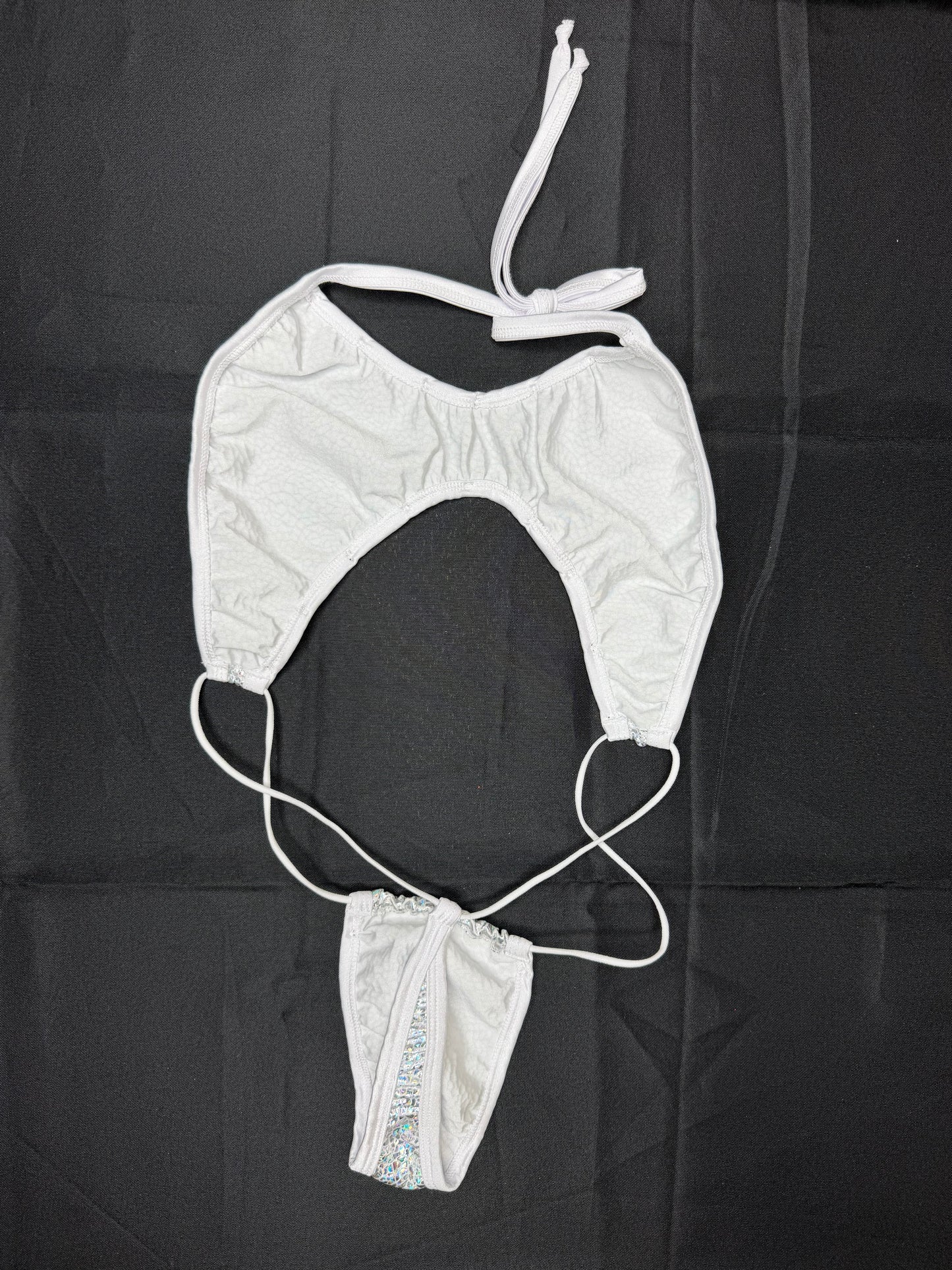 Metallic White/White Mesh Sling-Shot Skirt Two-Piece Lingerie Outfit