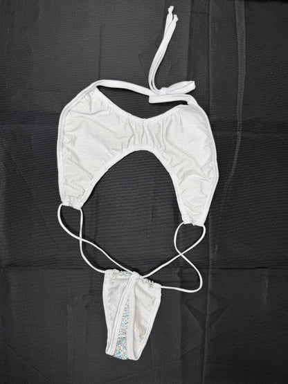 Metallic White/White Mesh Sling-Shot Skirt Two-Piece Lingerie Outfit