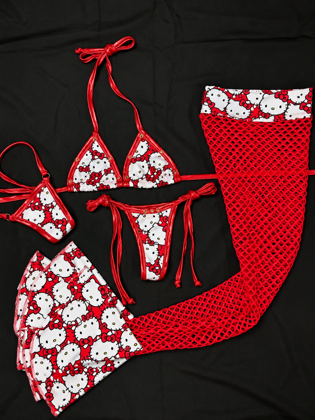 Red Net & Kitty Print Spandex Leg Lingerie Outfit