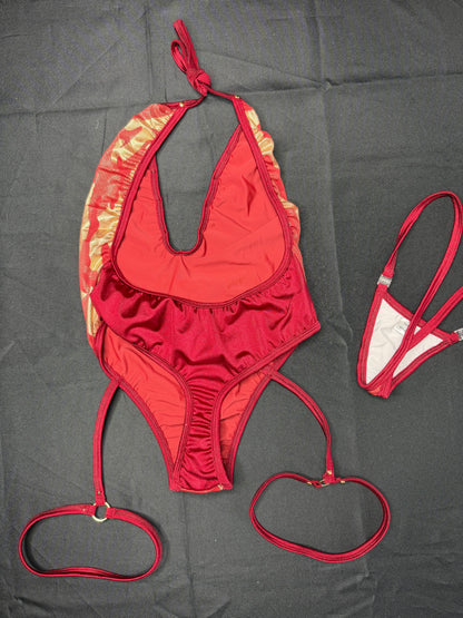 Red/Gold Spandex One-Piece Lingerie Outfit