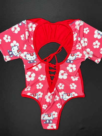 Red Kitty Print Spandex One-Piece Leotard Lingerie Outfit
