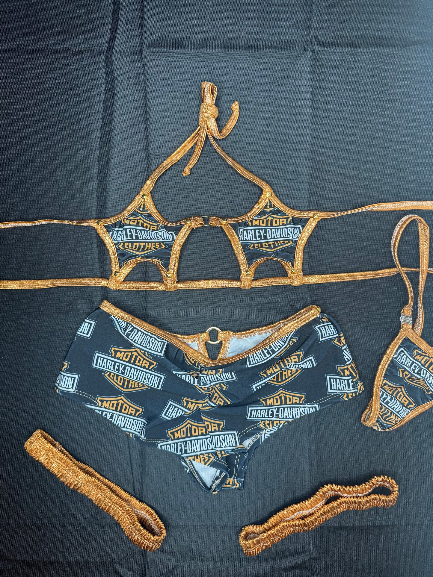 Black Harley/Copper Spandex Three-Piece Star Top/Shorts & Garters Outfit