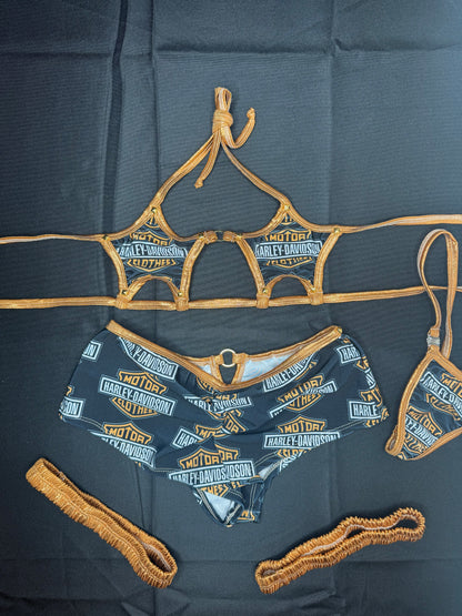 Black Harley/Copper Spandex Three-Piece Star Top/Shorts & Garters Outfit