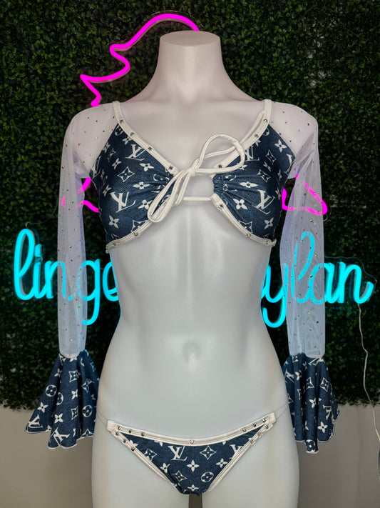 Denim Print/White Mesh Stripper Outfit