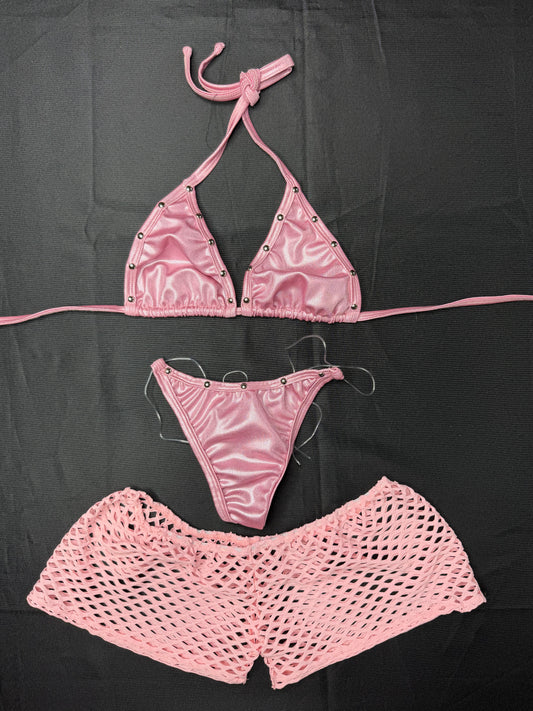 Pink Spandex Three-Piece Bikini Top/Thong/Shorts Lingerie Outfit