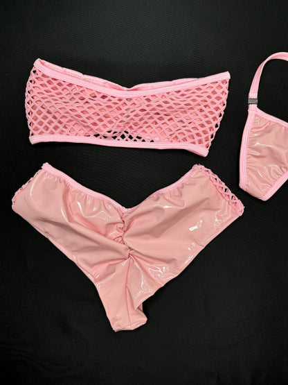 Baby Pink Latex/Fishnet Tube Top/Shorts Two-Piece Lingerie Outfit