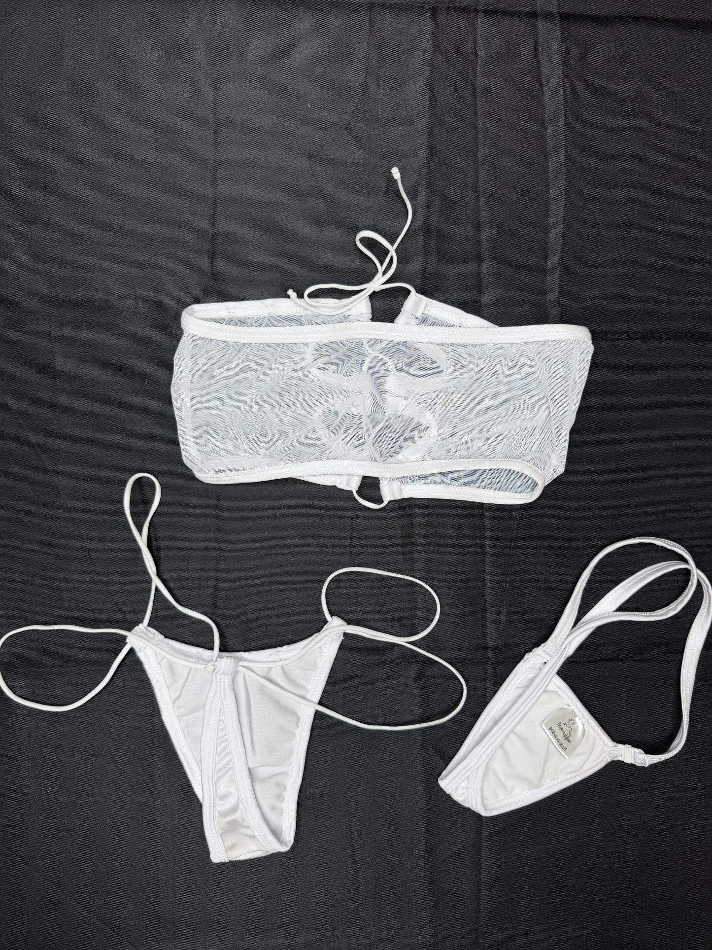 White Mesh/Metallic White Spandex Tube Top/Thongs Two-Piece Lingerie Outfit