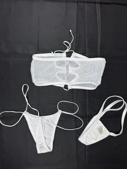 White Mesh/Metallic White Spandex Tube Top/Thongs Two-Piece Lingerie Outfit