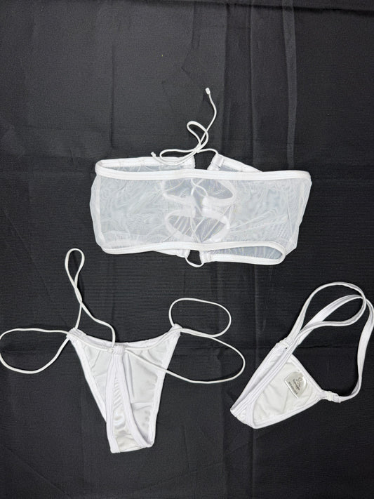 White Mesh/Metallic White Spandex Tube Top/Thongs Two-Piece Lingerie Outfit