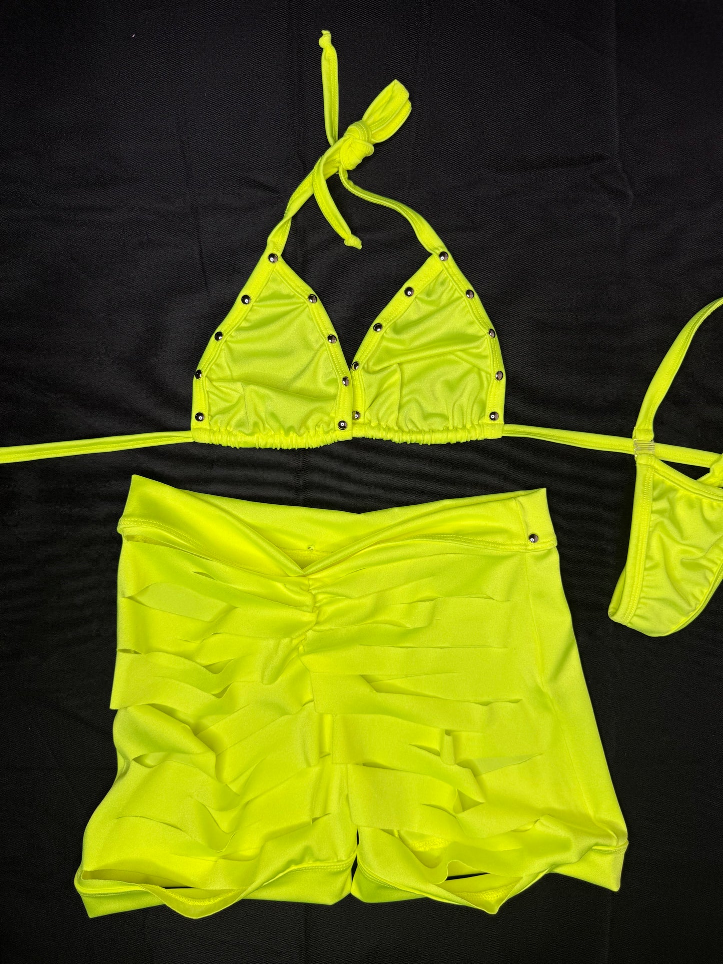 Neon Yellow Spandex Two-Piece Ripped Shorts Lingerie Outfit