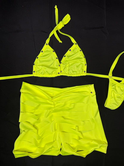 Neon Yellow Spandex Two-Piece Ripped Shorts Lingerie Outfit