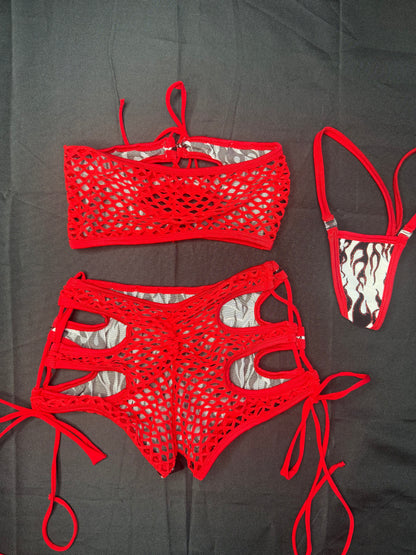 White Flame Mesh/Red Fishnet Spandex Two-Piece Tube-Top/Shorts Lingerie Outfit