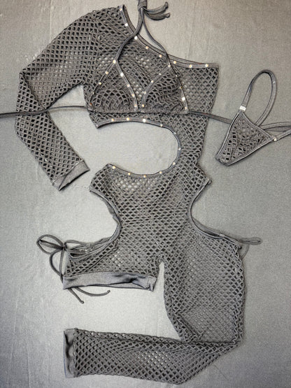 Black Fishnet Single Leg/Arm Full Body Suit Lingerie Outfit