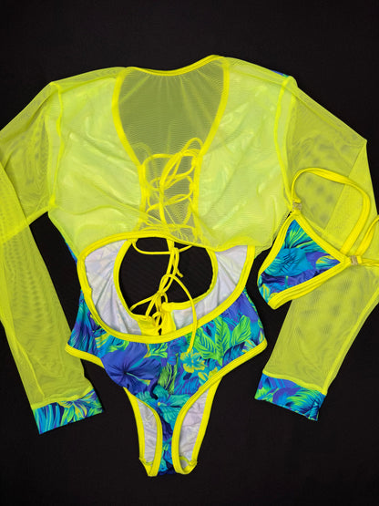 Blue/Green Flower Pattern Spandex/Neon Yellow Mesh One-Piece Leotard Outfit
