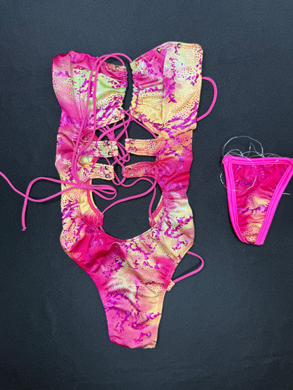 Pink/Yellow Print One-Piece Lingerie Outfit