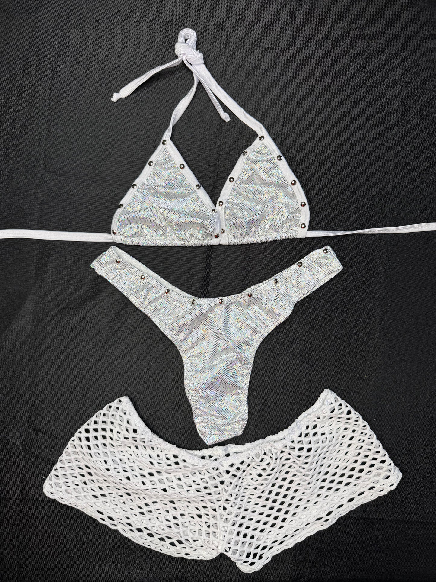 Silver/White Spandex Three-Piece Bikini/Shorts/Cheeky Thong Lingerie Outfit