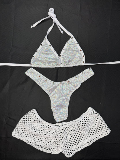 Silver/White Spandex Three-Piece Bikini/Shorts/Cheeky Thong Lingerie Outfit