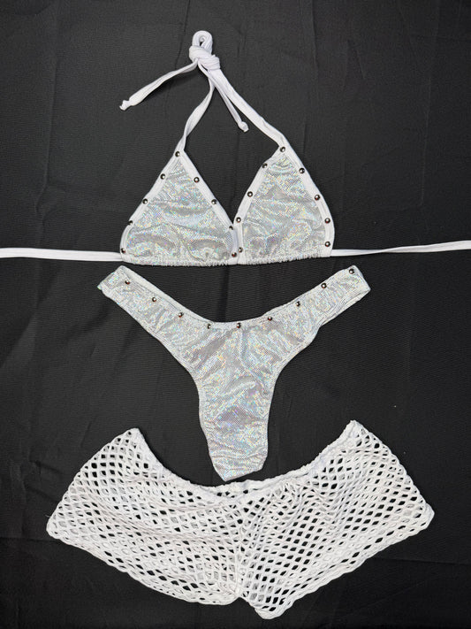 Silver/White Spandex Three-Piece Bikini/Shorts/Cheeky Thong Lingerie Outfit