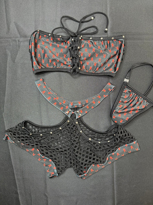 Black/Red Spandex/Fishnet Two-Piece Exotic Dancer Bunny Outfit
