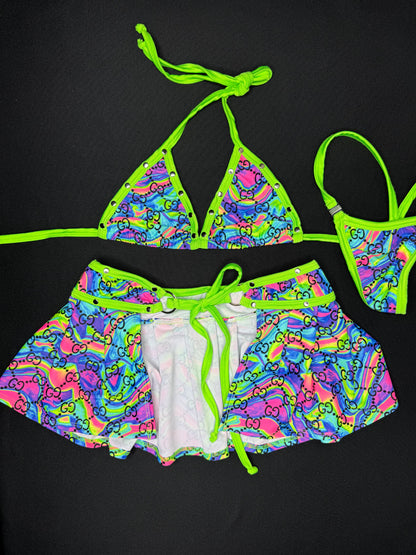 Neon Green/Tie Dye Designer Two-Piece Skirt Lingerie Outfit
