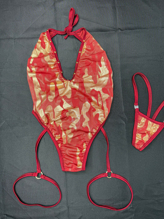 Red/Gold Spandex One-Piece Lingerie Outfit