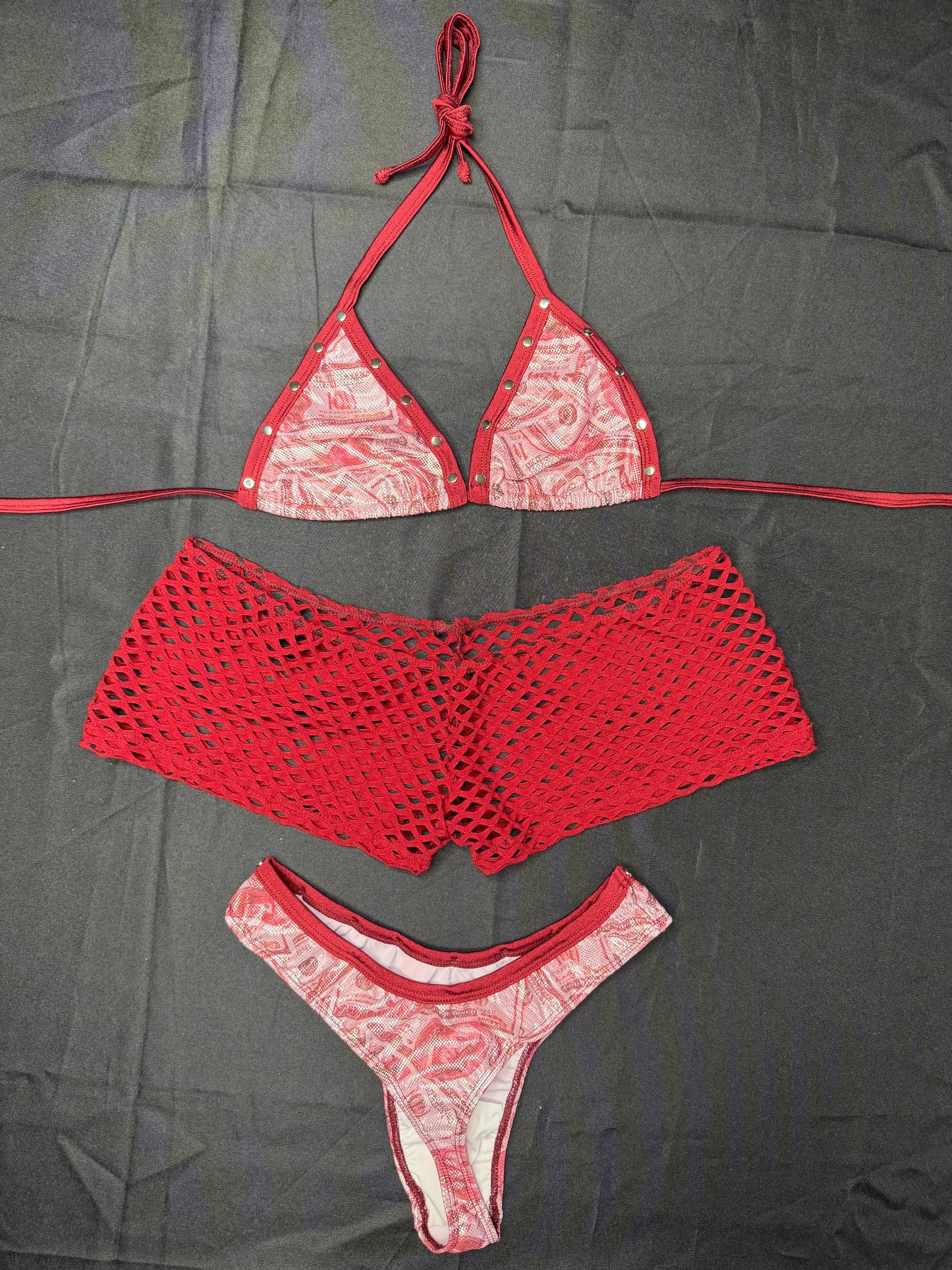 Money Print/Burgundy Fishnet Spandex Bikini Top/Burgundy Fishnet Shorts Three-Piece Lingerie Outfit
