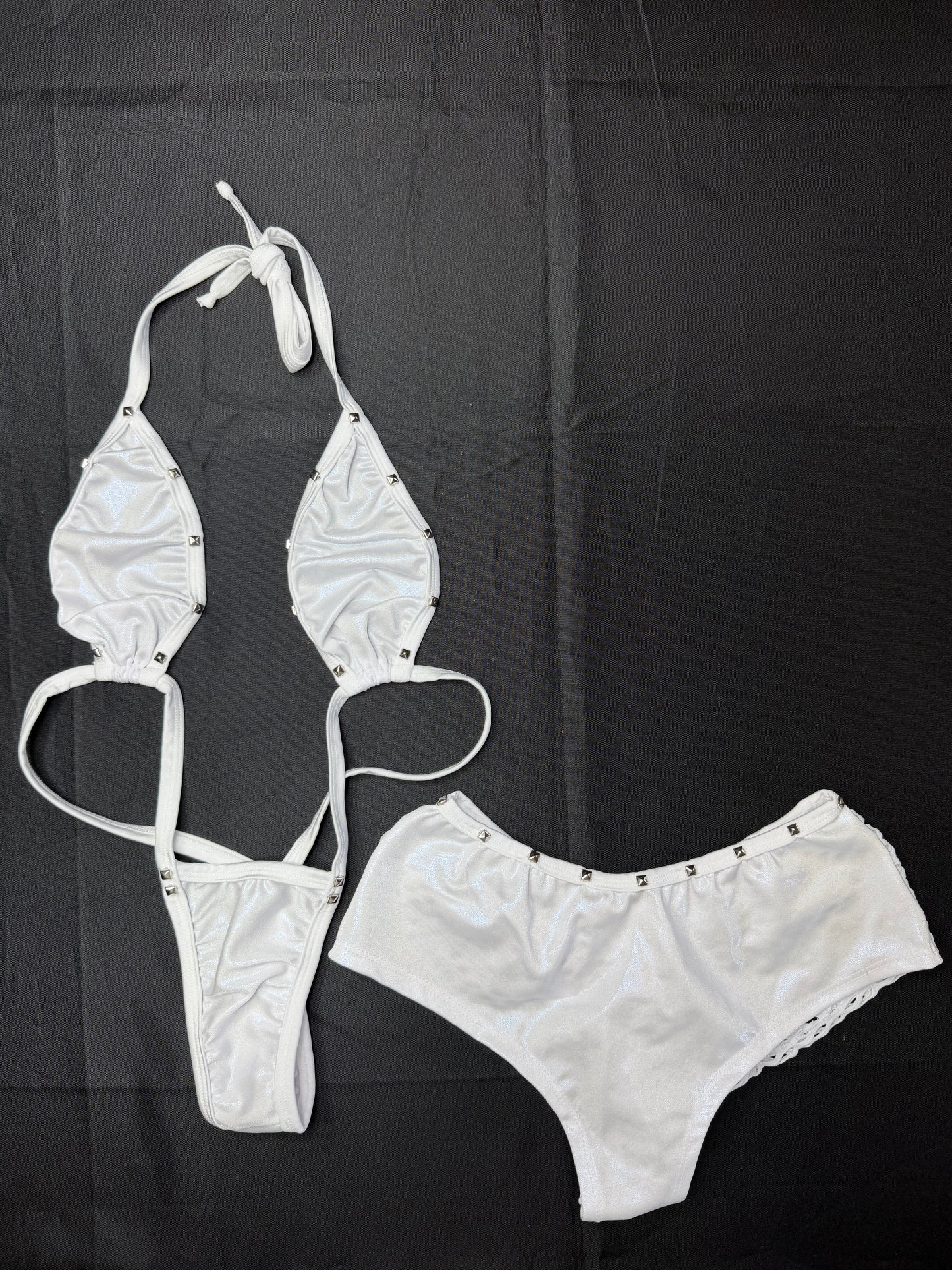 Holographic White/White Spandex Sling-Shot Shorts Lingerie Outfit