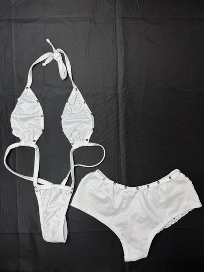Holographic White/White Spandex Sling-Shot Shorts Lingerie Outfit