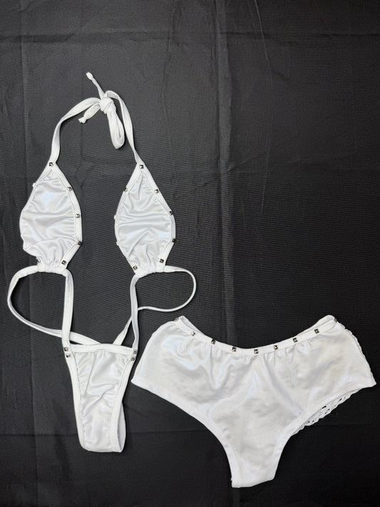 Holographic White/White Spandex Sling-Shot Shorts Lingerie Outfit