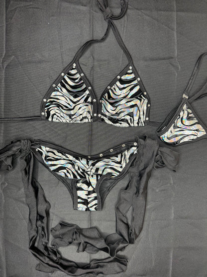 Black/Silver Animal Print Spandex Bikini Top/Side-Tie Bikini Bottoms Lingerie Outfit