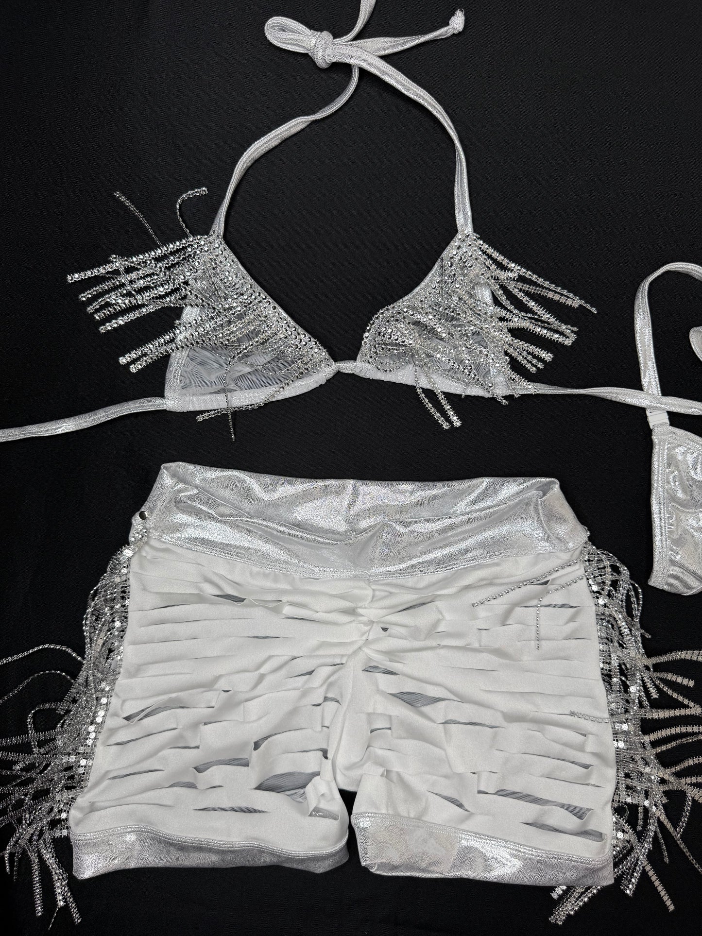 Chrome Spandex/White Mesh Two-Piece Lingerie Outfit