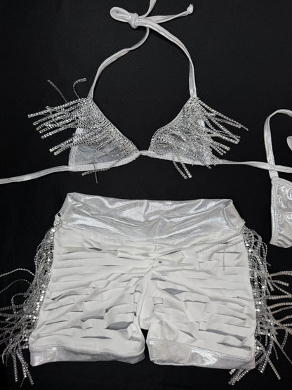 Chrome Spandex/White Mesh Two-Piece Lingerie Outfit