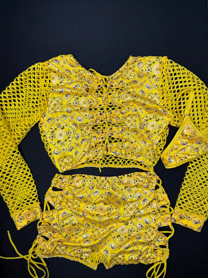 Yellow Bandana/Fishnet Spandex Long Sleeve Top/Shorts Two-Piece Lingerie Outfit