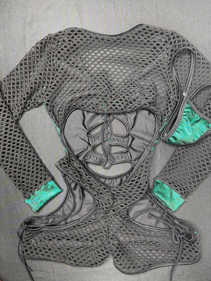 Metallic Green Spandex/Black Fishnet Long Sleeve Romper Lingerie Outfit