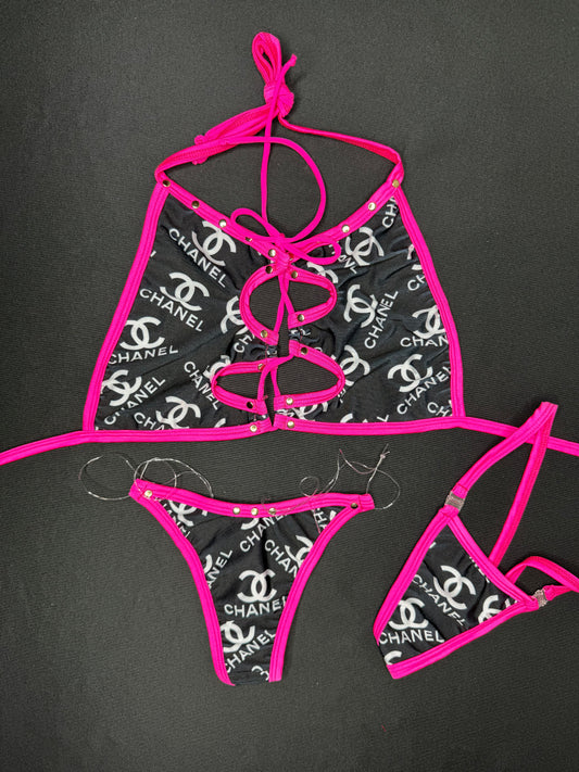Hot Pink/Black Designer Spandex Two-Piece Bikini Lingerie Outfit