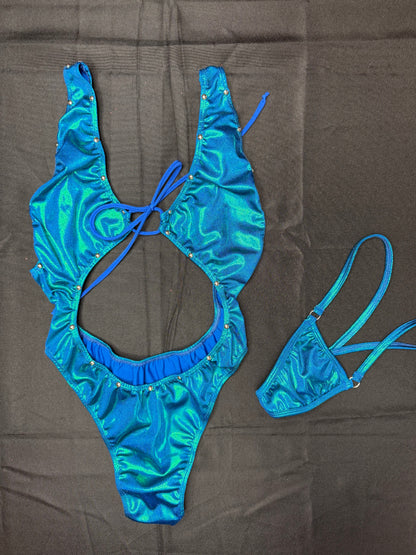 Turquoise/Teal Three-Piece Lingerie Outfit