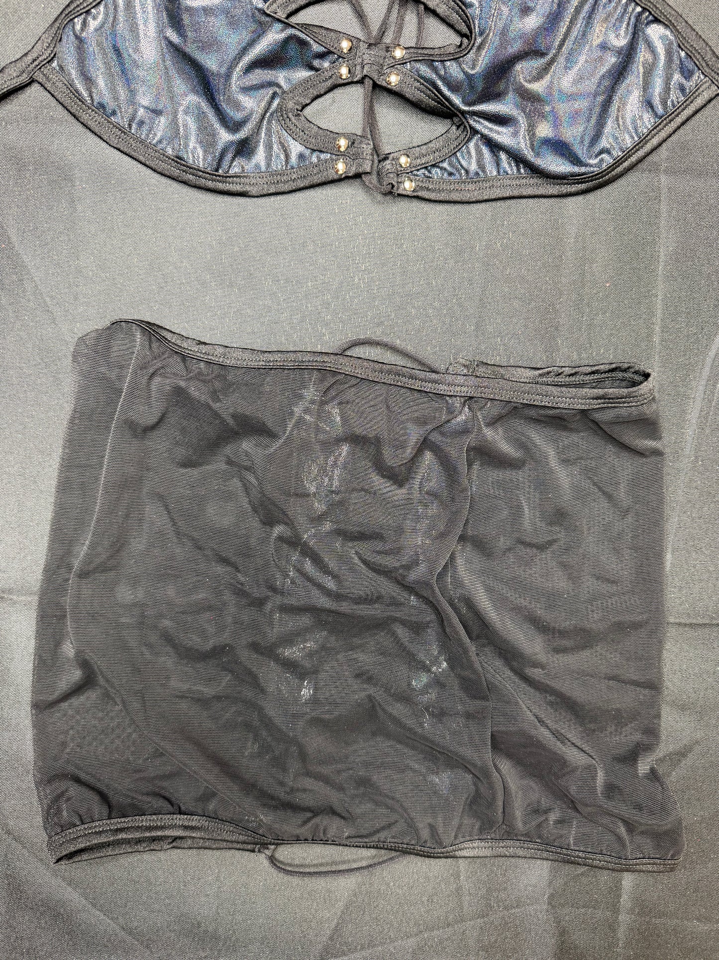 Metallic Black/Black Mesh Bikini Top/Thong & Skirt Three-Piece Lingerie Outfit