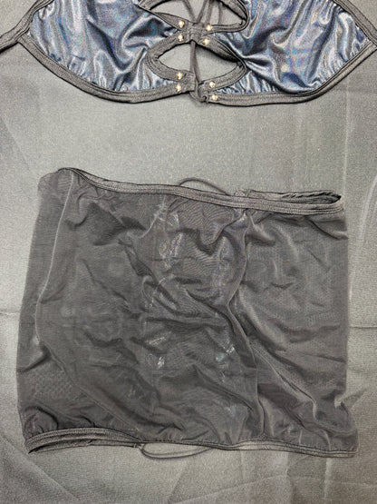 Metallic Black/Black Mesh Bikini Top/Thong & Skirt Three-Piece Lingerie Outfit