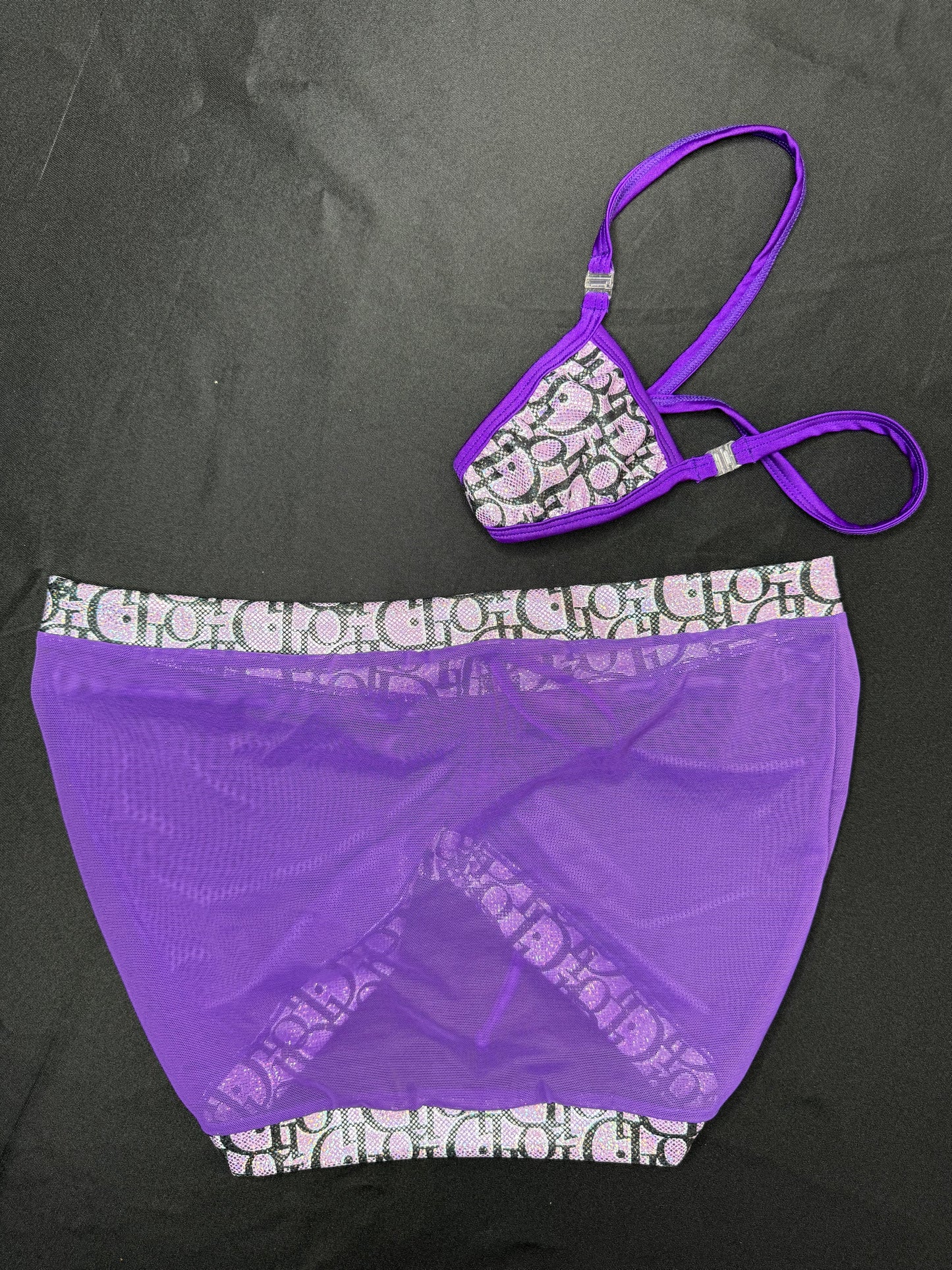 Designer Purple Spandex Sling-Shot/Mesh Skirt Three-Piece Skirt Outfit